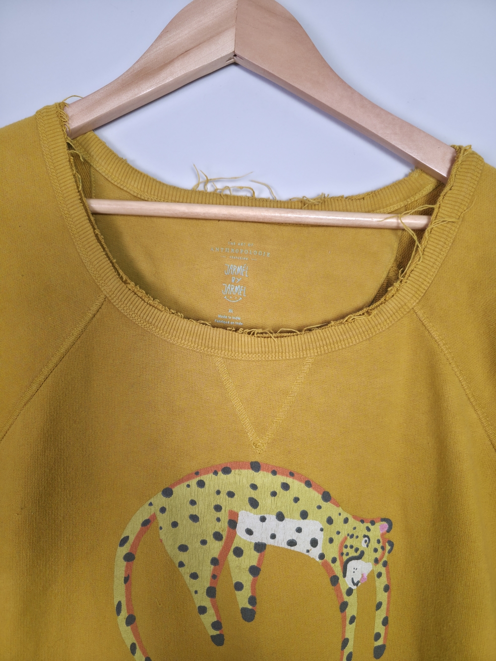 Anthropologie Jarmel by Jarmel Leopard Rainbow Sweatshirt Tee XL Mustard Boho - Picture 7 of 10